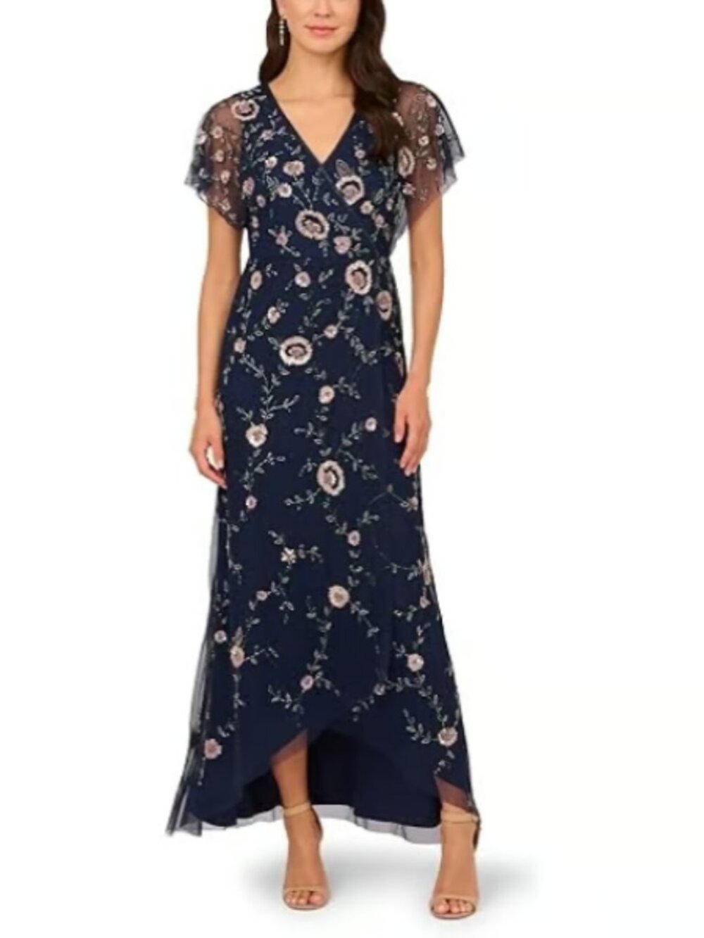 Adrianna Papell Navy Beaded Flutter Sleeve Gown Maxi Dress Floral Mesh size 8